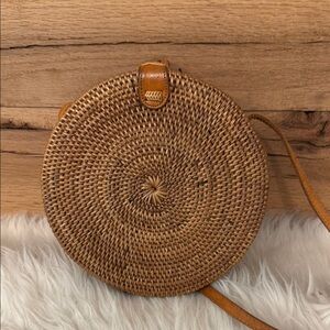 Round Woven Tan Crossbody Bag